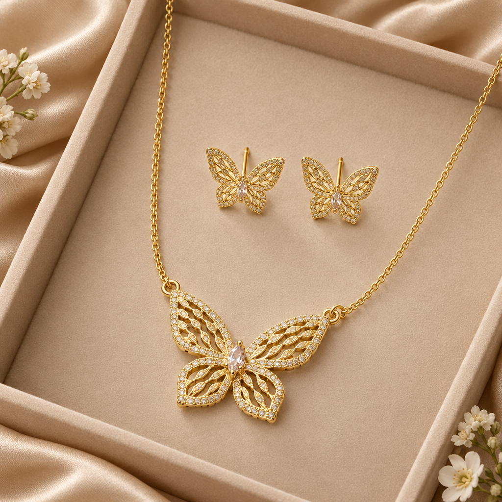 Butterfly necklace and earrings in a nude tray with satin and discreet flowers