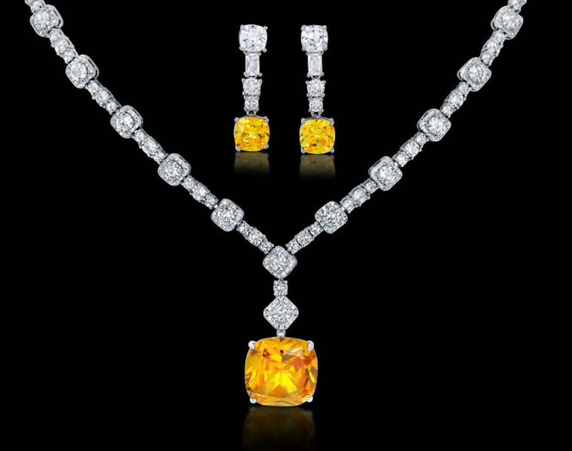 Lady Gaga Inspired Luxury Yellow Canary Crystal Necklace and Earring Set Zirconia Geometric Pendant for Party Accessory