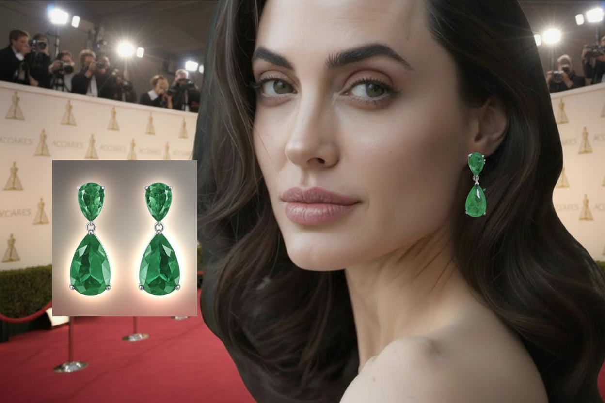 Green emerald earrings displayed with a woman and floral background