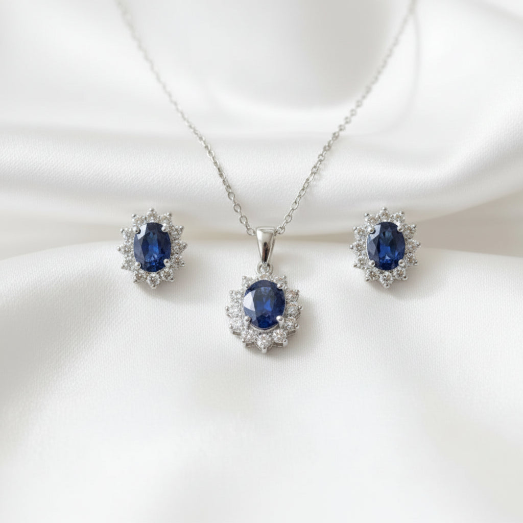 Royal princess inpired 925 Sterling Silver Jewelry Sets Crystal Cubic Zirconia Saphire blue Necklace Earrings Set for Women Party Gift