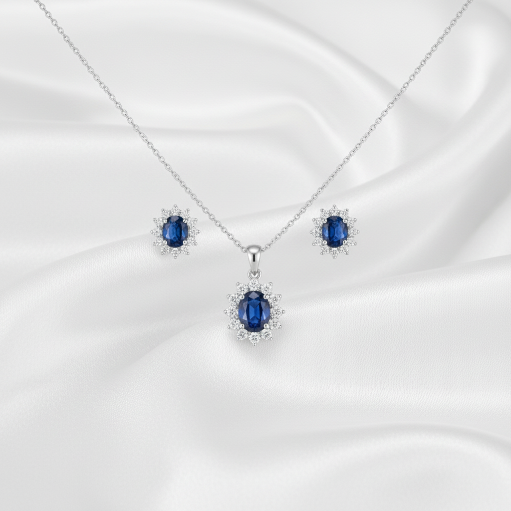 Royal princess inpired 925 Sterling Silver Jewelry Sets Crystal Cubic Zirconia Saphire blue Necklace Earrings Set for Women Party Gift