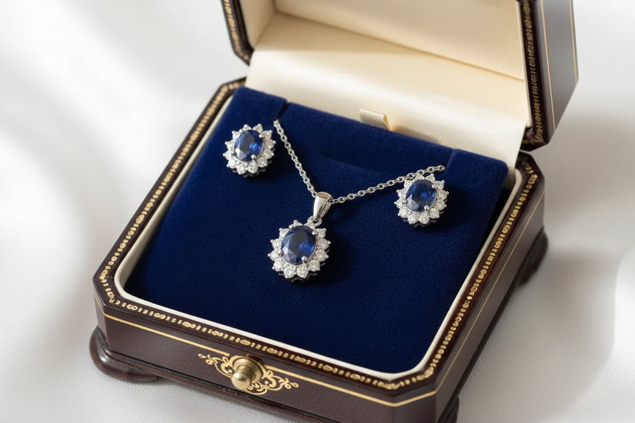 Royal princess inpired 925 Sterling Silver Jewelry Sets Crystal Cubic Zirconia Saphire blue Necklace Earrings Set for Women Party Gift