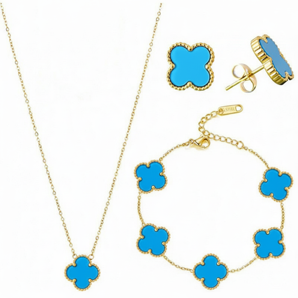Blue clover jewellery set - necklace, earrings and bracelet