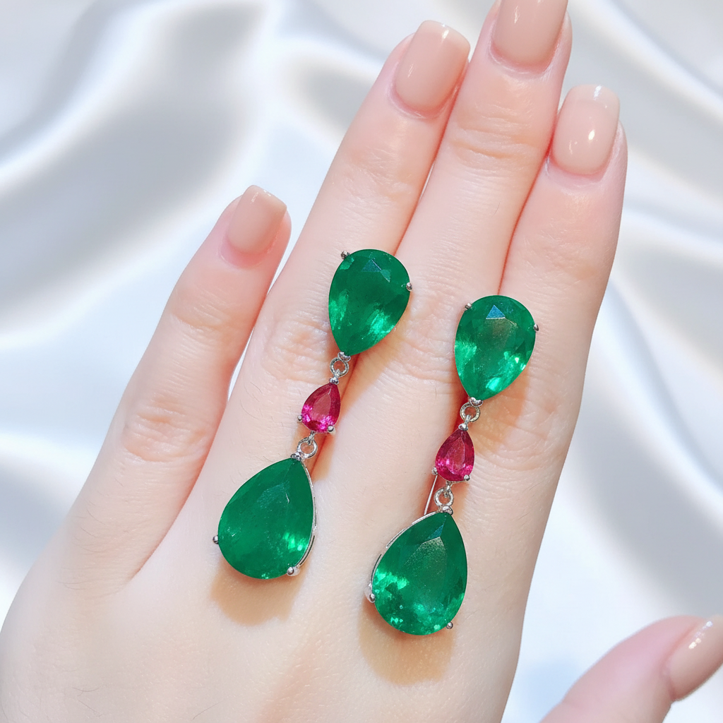 Luxury earrings with satin white background and nude nails