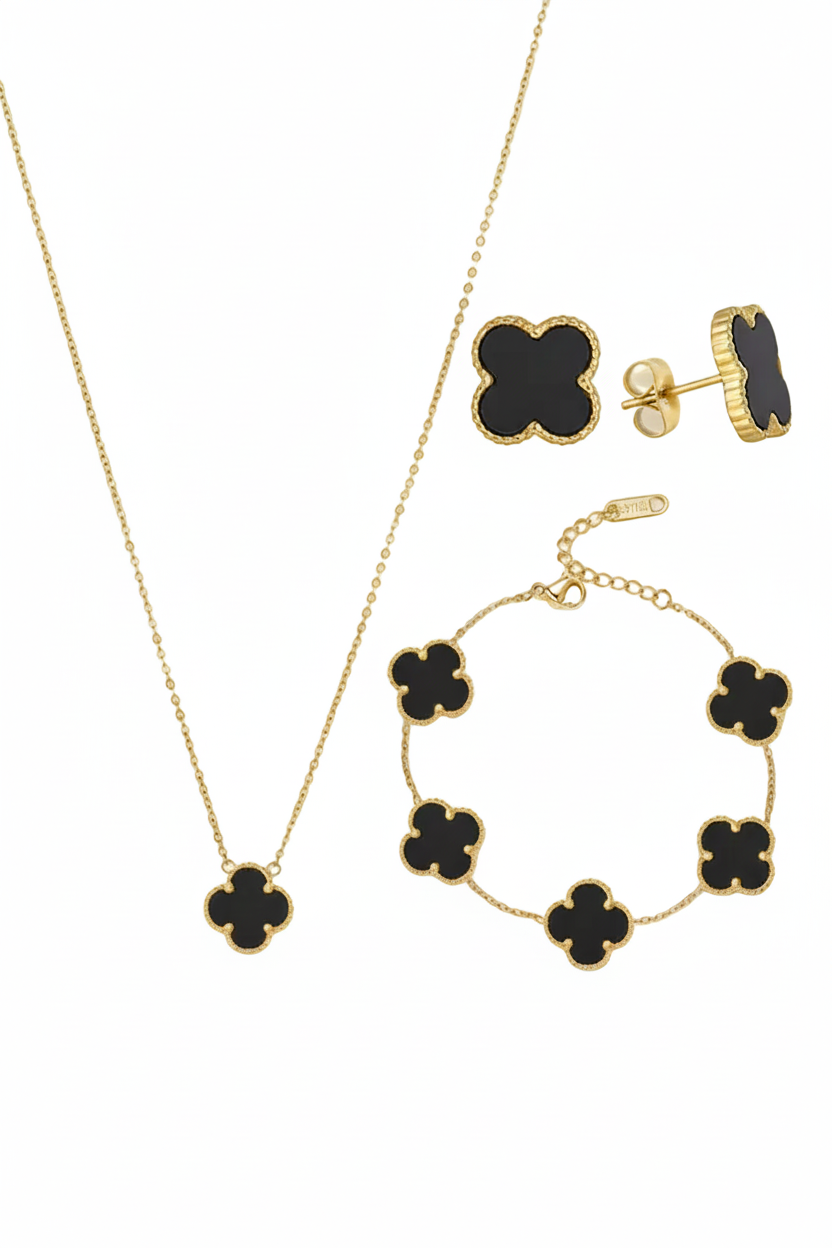 Black clover jewellery set - necklace, earrings and bracelet
