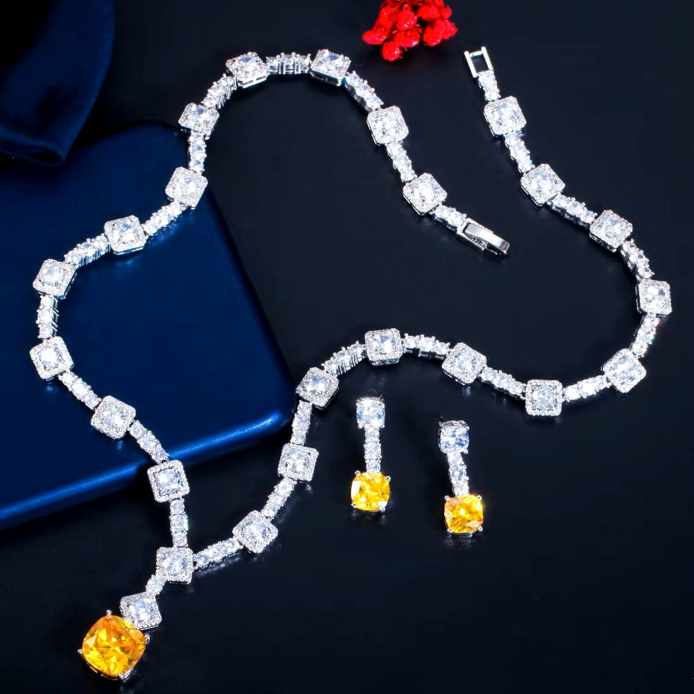 Lady Gaga Inspired Luxury Yellow Canary Crystal Necklace and Earring Set Zirconia Geometric Pendant for Party Accessory