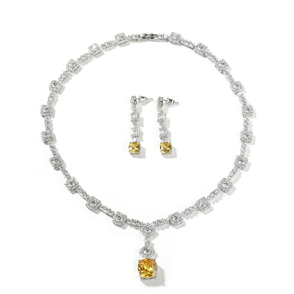 Lady Gaga Inspired Luxury Yellow Canary Crystal Necklace and Earring Set Zirconia Geometric Pendant for Party Accessory