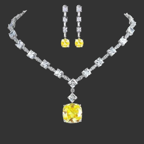 Lady Gaga Inspired Luxury Yellow Canary Crystal Necklace and Earring Set Zirconia Geometric Pendant for Party Accessory