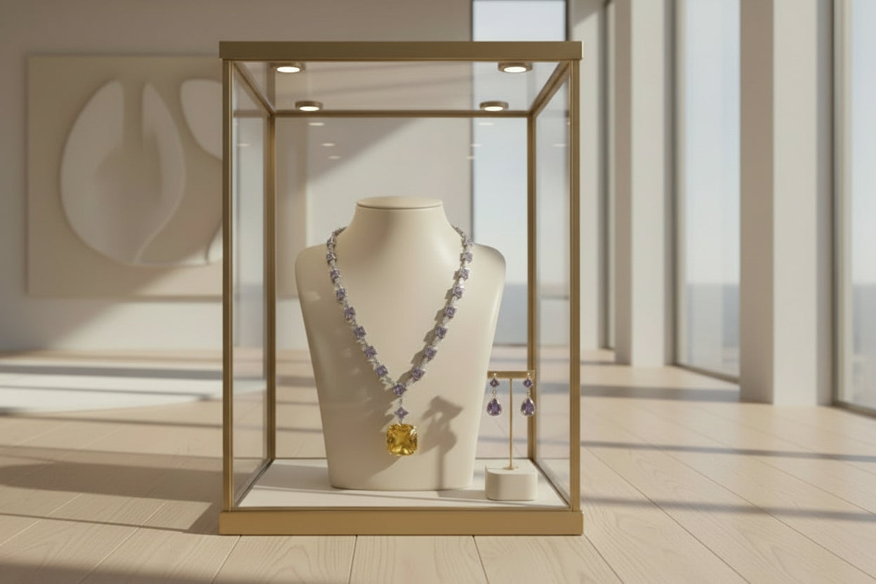 Lady Gaga Inspired Luxury Yellow Canary Crystal Necklace and Earring Set Zirconia Geometric Pendant for Party Accessory
