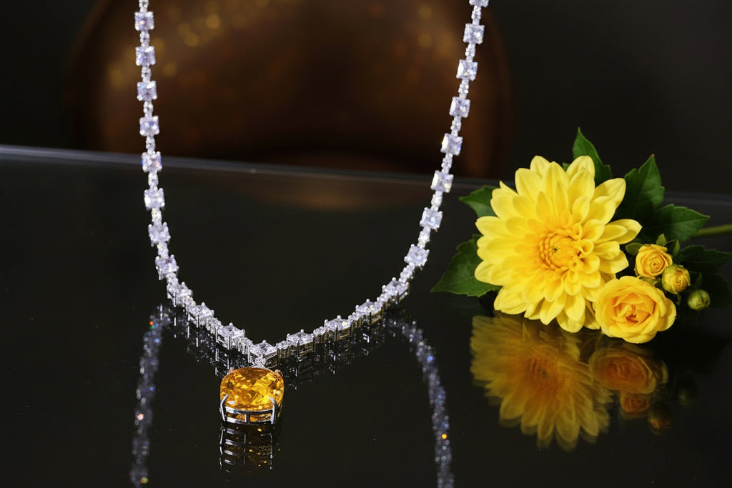 Lady Gaga Inspired Luxury Yellow Canary Crystal Necklace and Earring Set Zirconia Geometric Pendant for Party Accessory