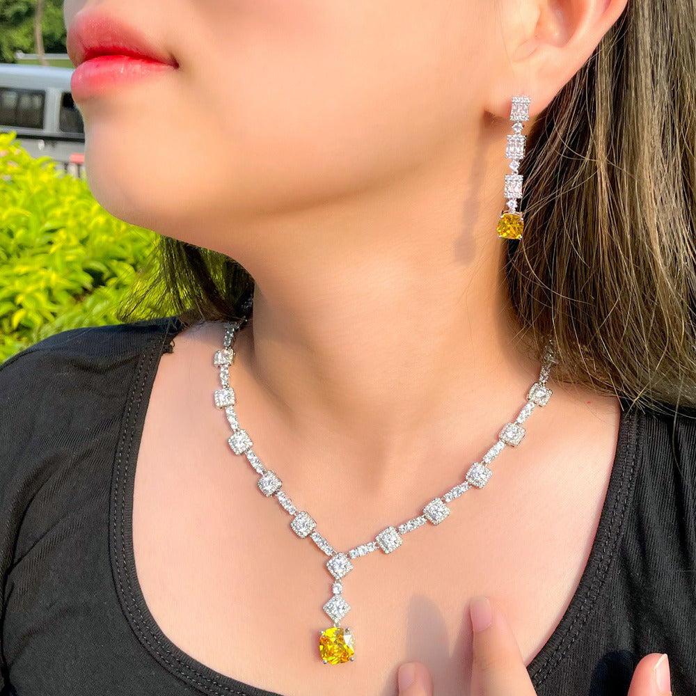 Lady Gaga Inspired Luxury Yellow Canary Crystal Necklace and Earring Set Zirconia Geometric Pendant for Party Accessory