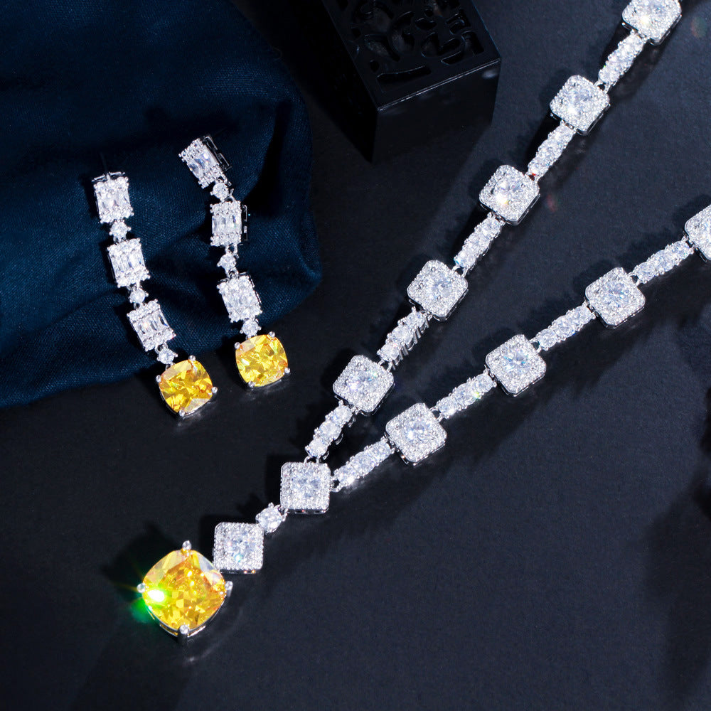 Lady Gaga Inspired Luxury Yellow Canary Crystal Necklace and Earring Set Zirconia Geometric Pendant for Party Accessory