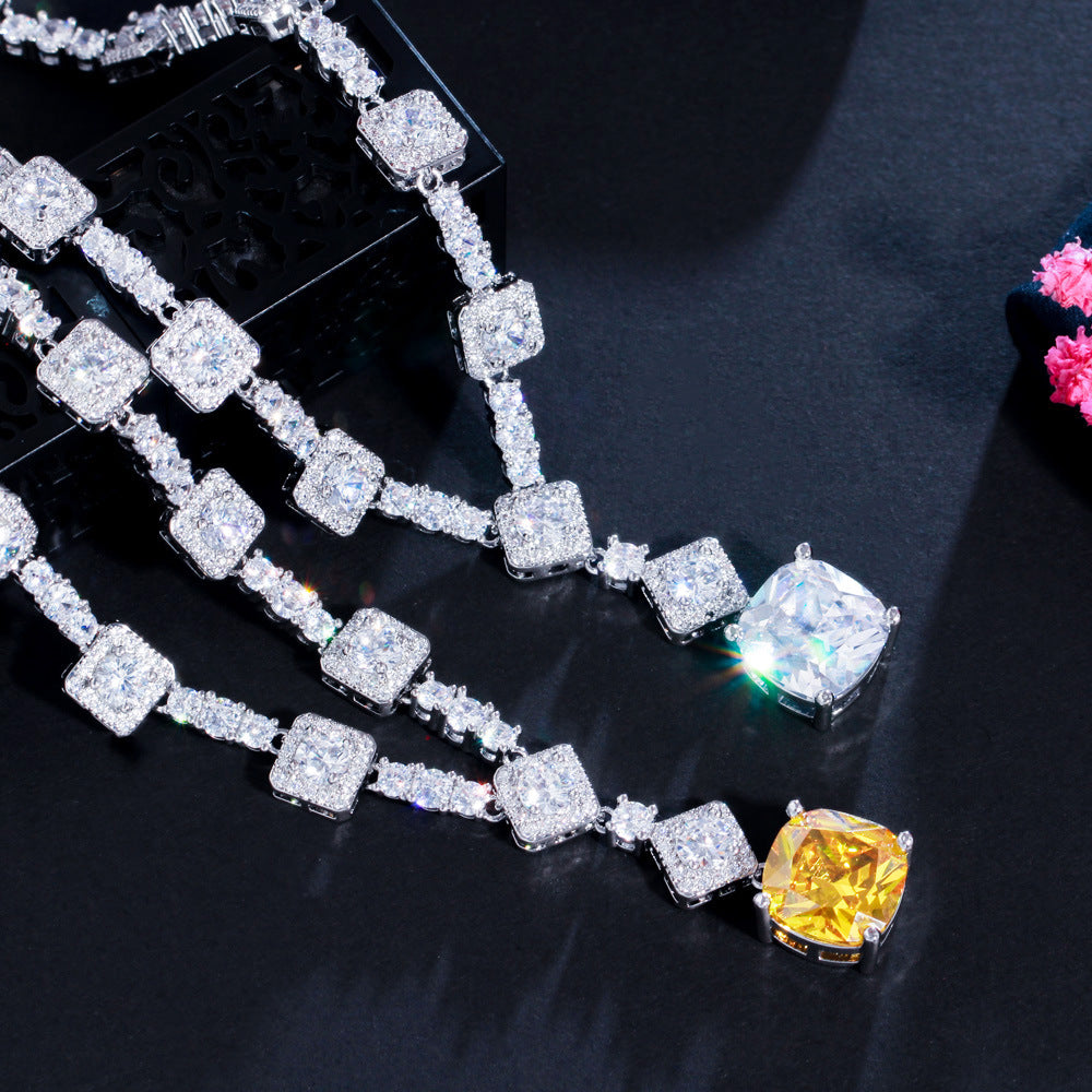 Lady Gaga Inspired Luxury Yellow Canary Crystal Necklace and Earring Set Zirconia Geometric Pendant for Party Accessory