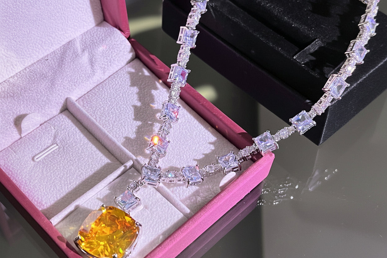 Lady Gaga Inspired Luxury Yellow Canary Crystal Necklace and Earring Set Zirconia Geometric Pendant for Party Accessory