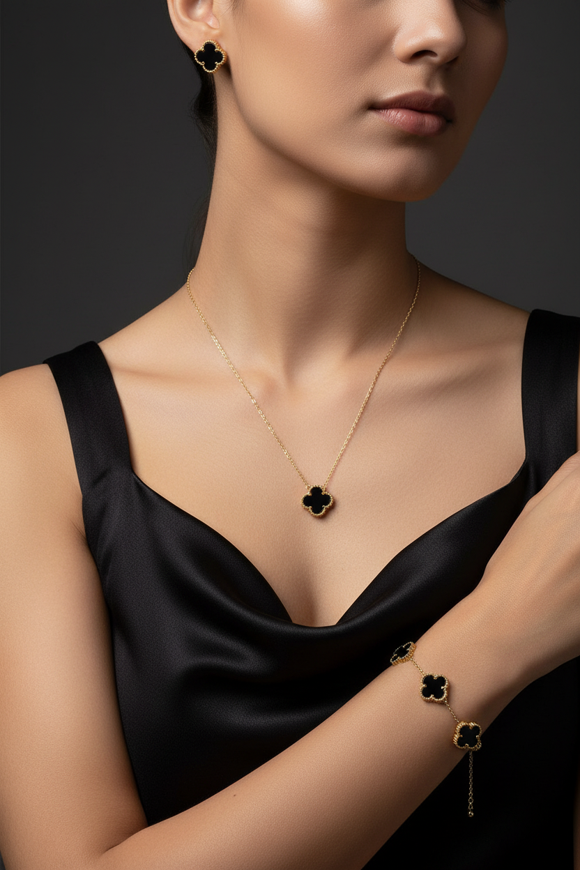 Model wearing Black Clover Jewellery Set