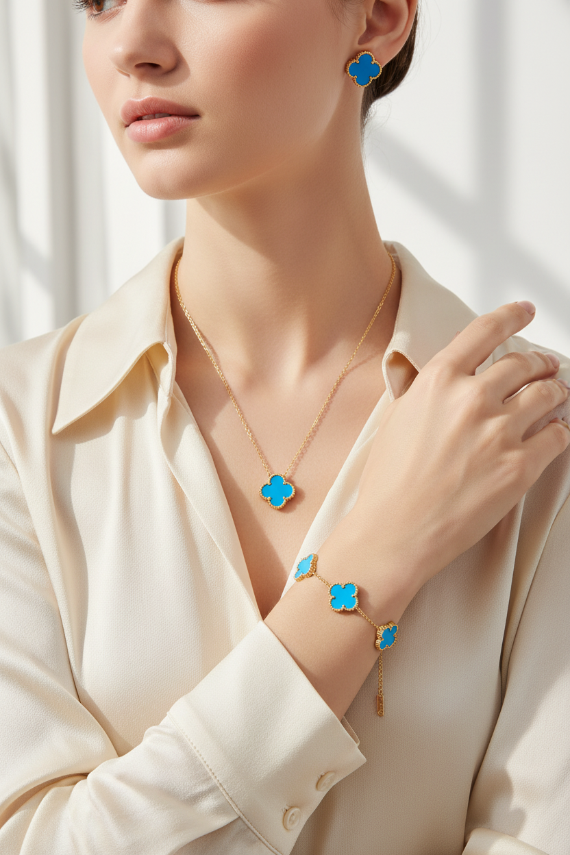 Model wearing Blue Clover Jewellery Set