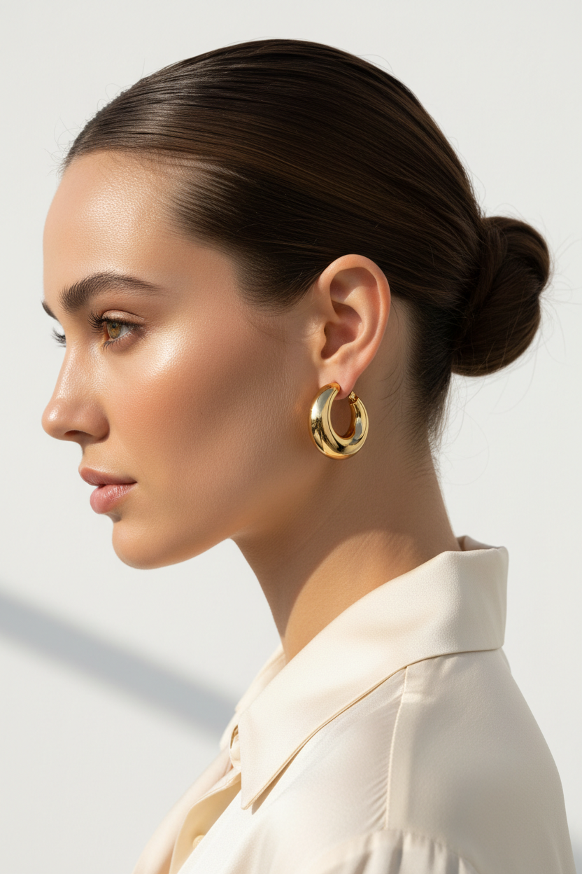 Model wearing gold chunky C-shape hoop earrings