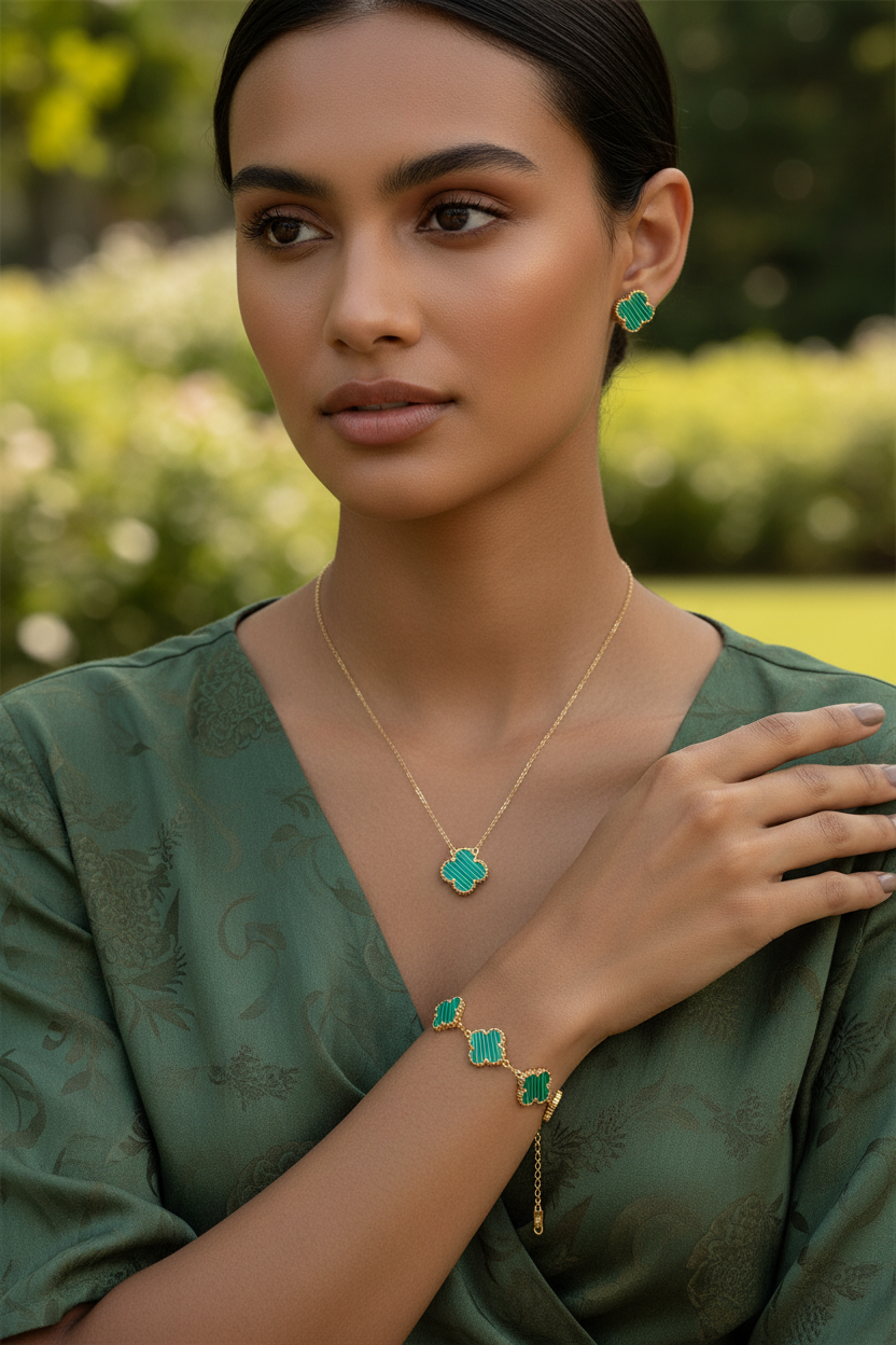 Model wearing Green Clover Jewellery Set