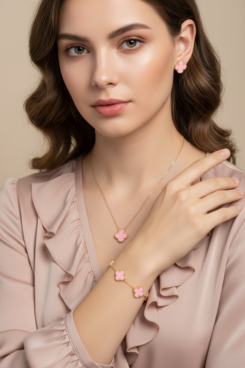 Model wearing Pink Clover Jewellery Set
