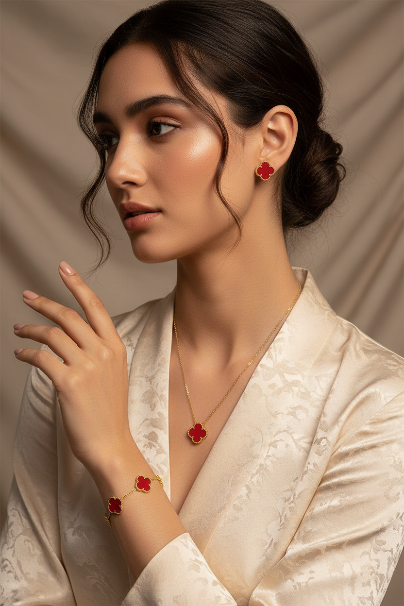 Model wearing Red Clover Jewellery Set