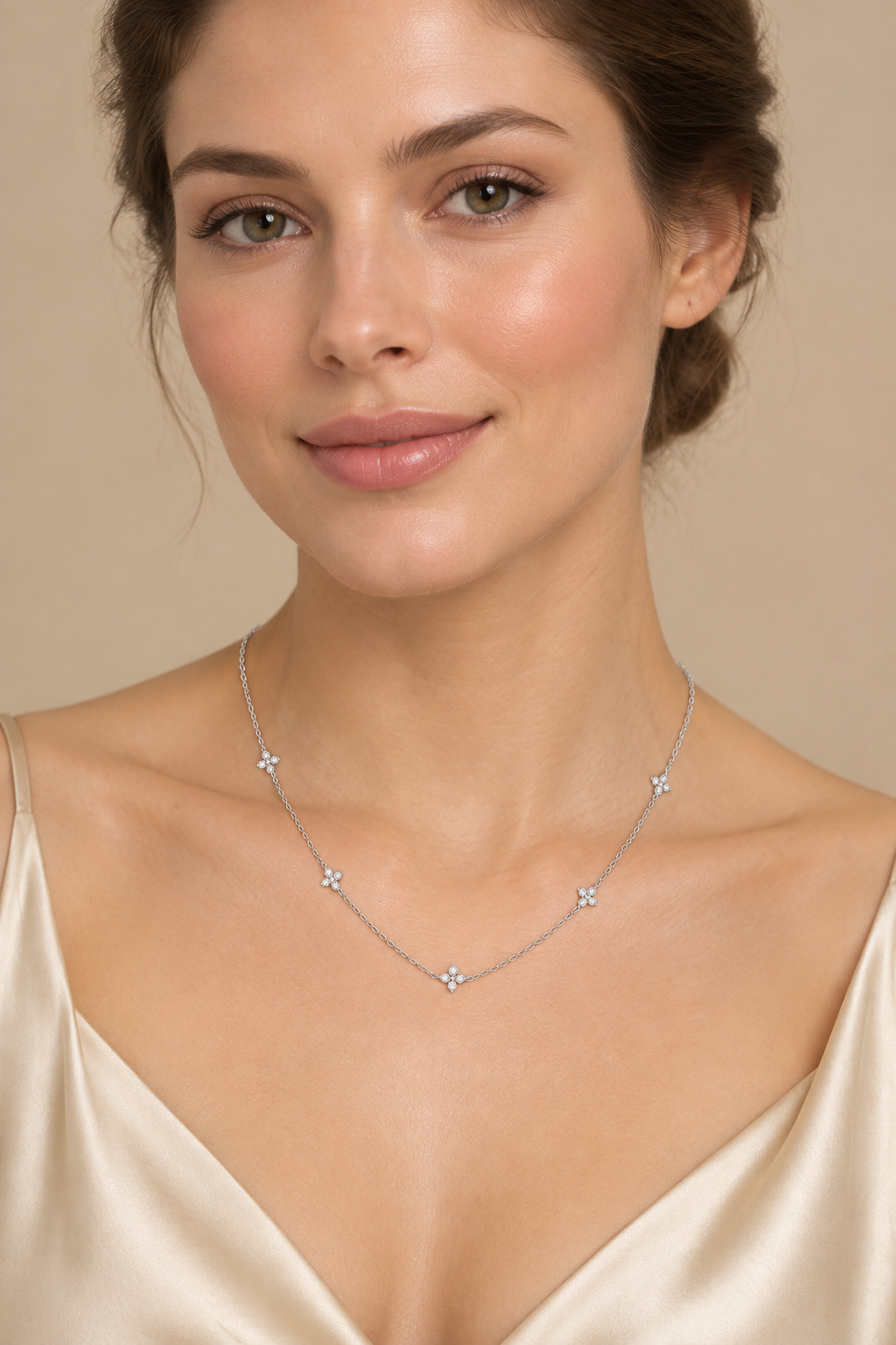 Model wearing the delicate silver-tone zircon flower necklace