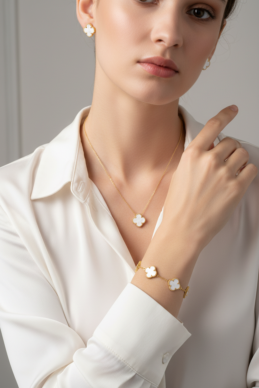 Model wearing White Clover Jewellery Set