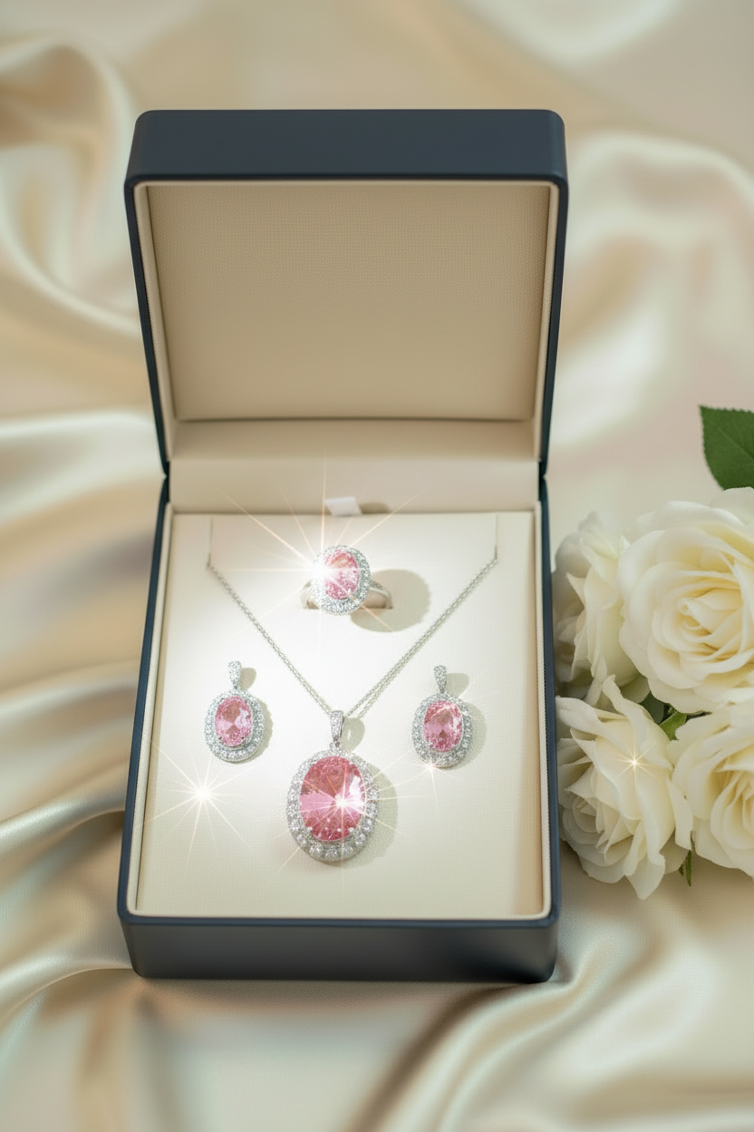 Jewelry set with pink gemstones in a box on beige fabric with flowers.