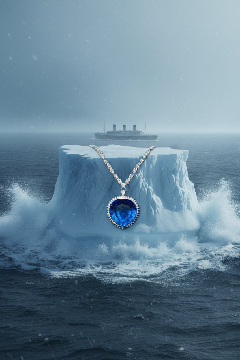 Necklace with a blue pendant and clear stones on a metallic background